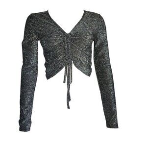 NWT FOREVER 21 Black Silver Glitter Long Sleeve Ruched Front Top Womens Size L